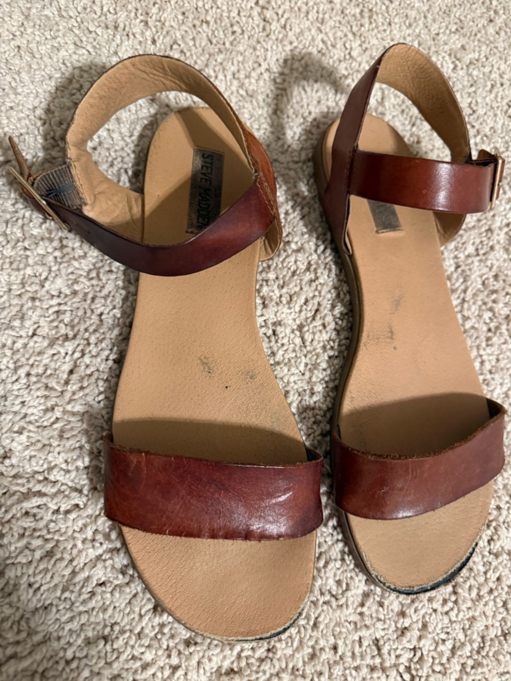 Steve Madden Brown Leather Ankle-Strap Flat Sandals